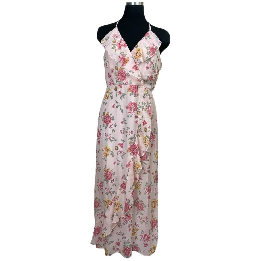 No Boundaries Maxi‎ Dress Juniors M 7-9 Pink Faux Wrap Ruffle Floral Romantic